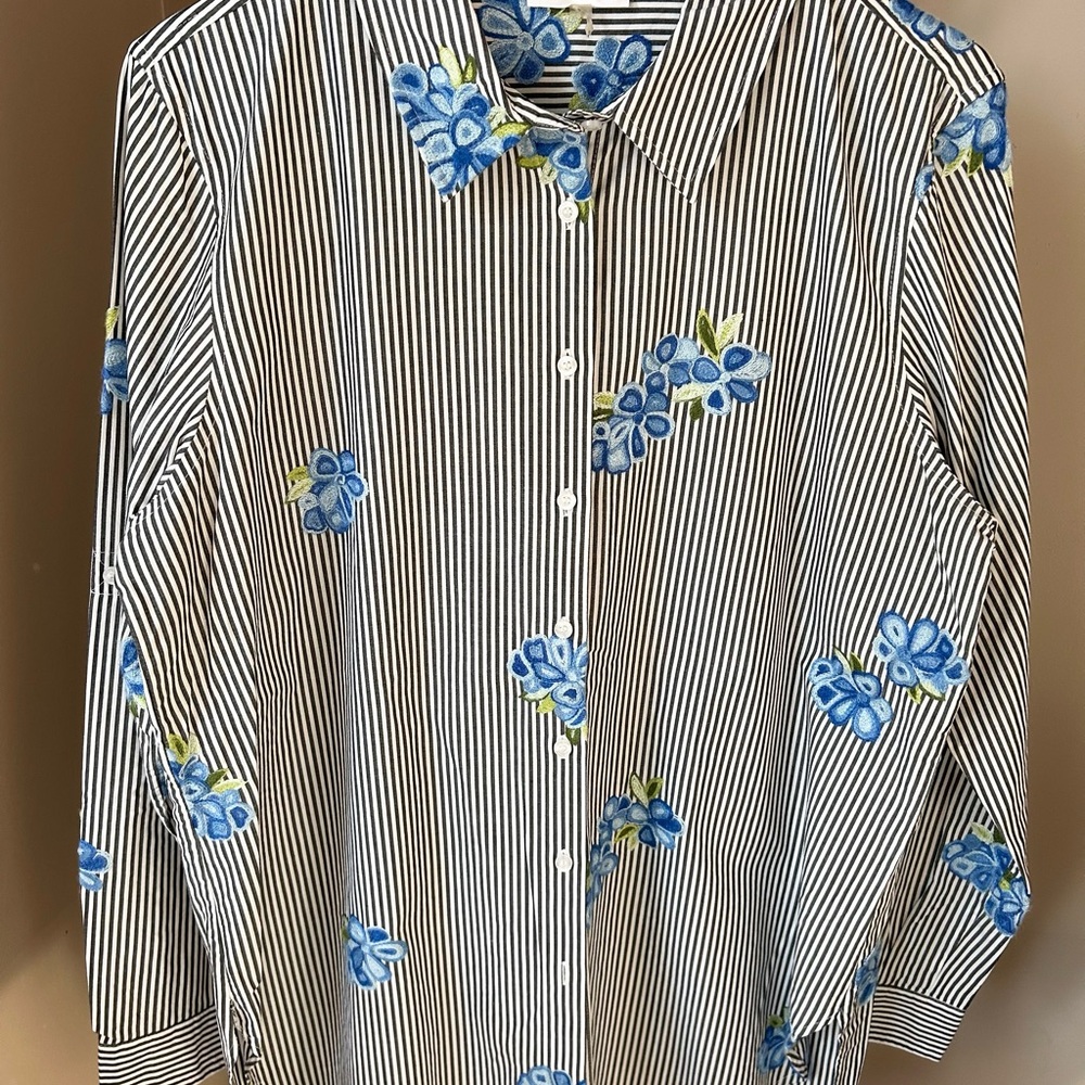 Women’s Calvin Klein Striped Shirt with embroidered Blue Floral Pattern.